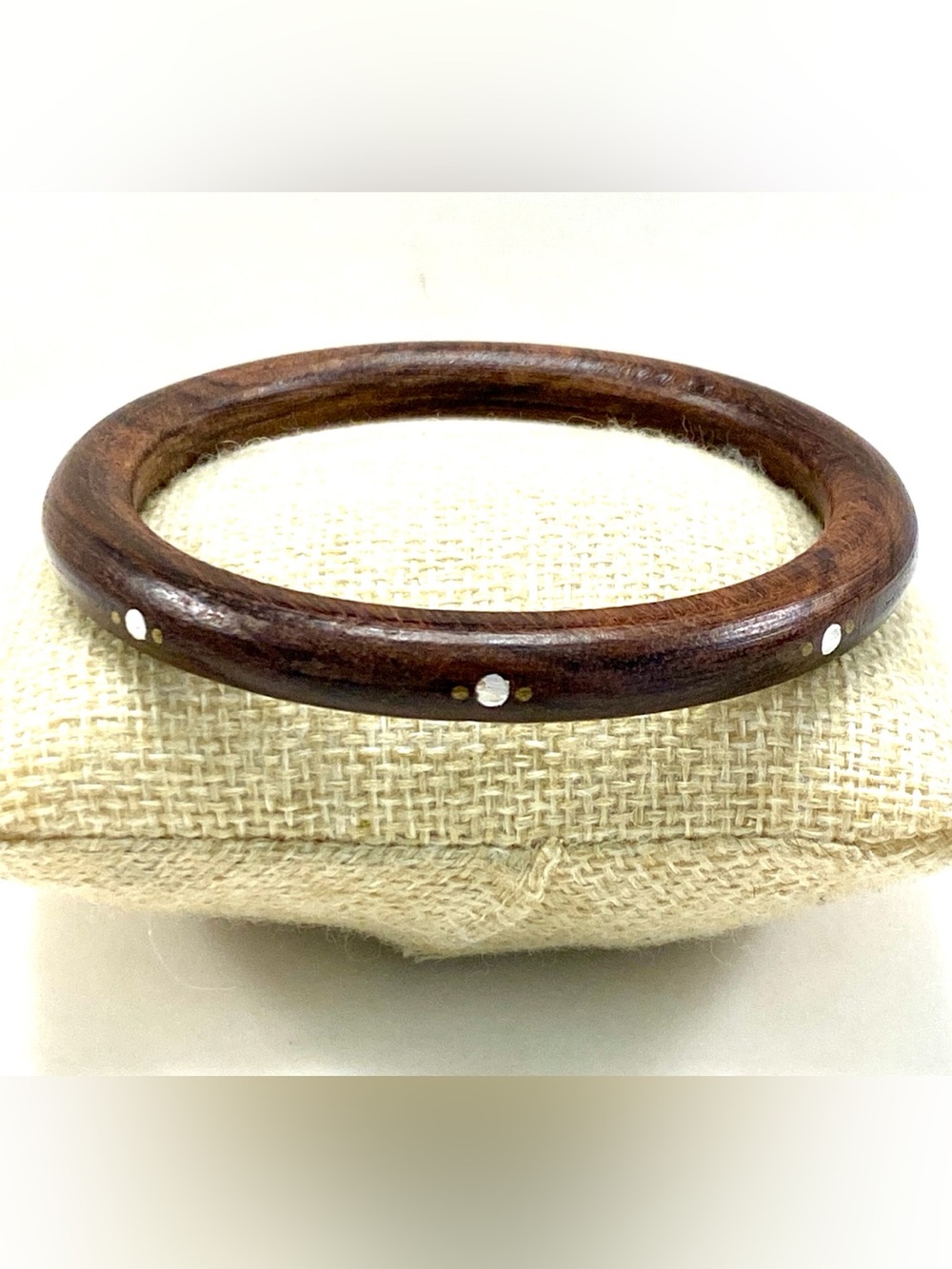 Vintage Handmade Wooden Bangle Bracelet Cream Inlay Brass Dot Accents